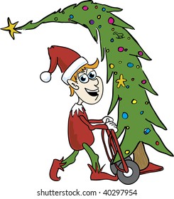 Illustration of an Elf carying a christmas tree on a two wheel cart.