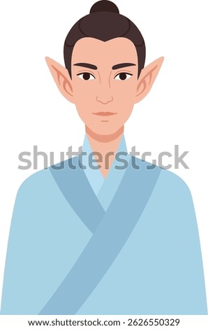 Illustration of an elf character with pointed ears wearing a traditional blue robe in a portrait style. The image conveys a calm and mystical mood.