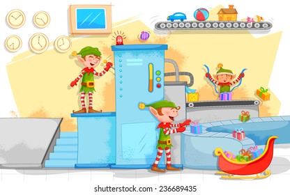 illustration of Elf making Christmas gifts in toy factory