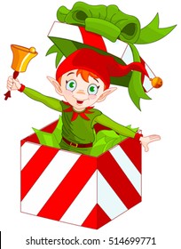 Illustration of elf popping out of a Christmas box and ringing in a bell