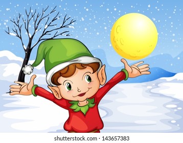 Illustration of an elf raising his hand outside with snow