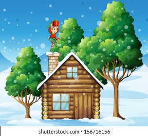 Illustration of an elf Santa with a gift above his head standing near the rooftop