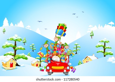 illustration of Elf throwing Christmas gifts from car with Santa Claus