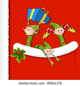 illustration of Elf throwing gifts from Santa's pocket