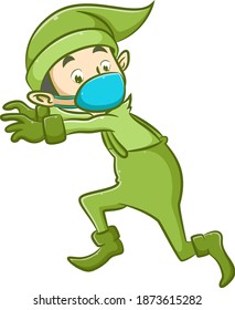The illustration of the elf using the green costume with the Tosca mask is trying to run with the scary face