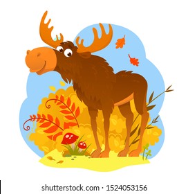 Illustration of elk in the bushes and wild herbs. Piccture of a wild animal in its own habitat. Children illustration.