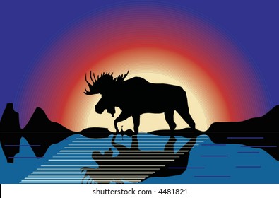 illustration with elk silhouette with reflection and sunset as background