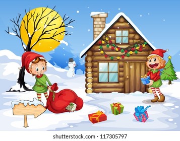 illustration of elves and a snow man in nature