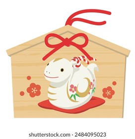 Illustration of an ema (votive tablet) with a picture of a cute snake, New year's card design elements for year of the snake.