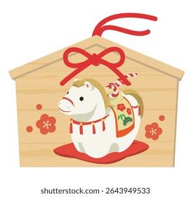 Illustration of an ema (votive tablet) with a picture of a cute horse, New year's card design elements for year of the horse.
