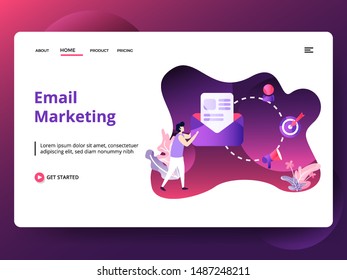 Illustration Email Marketing, the concept of men in promotion using email, Can be used for landing pages, web, UI, banners, templates, backgrounds, flyers, posters.Modern Vector