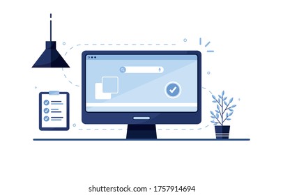 Ilustración del email marketing. Para hacer la lista. Lista de verificación. Lugar de trabajo en casa, en la oficina. Portátil. Formulario de aplicación completado para el sitio. Llenando documentos. Pantalla Monitor. Azul. Eps 10