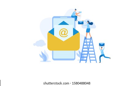 illustration of email services with tiny people.flat design. Suitable For Wallpaper, Background, Card,banner, Book Illustration, Web Landing Page