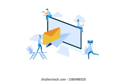 illustration of email services with tiny people.flat design. Suitable For Wallpaper, Background, Card,banner, Book Illustration, Web Landing Page