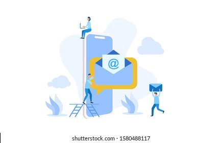 illustration of email services with tiny people.flat design. Suitable For Wallpaper, Background, Card,banner, Book Illustration, Web Landing Page