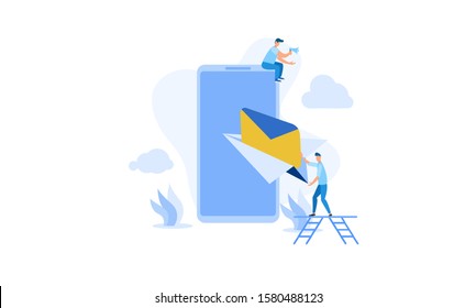 illustration of email services with tiny people.flat design. Suitable For Wallpaper, Background, Card,banner, Book Illustration, Web Landing Page