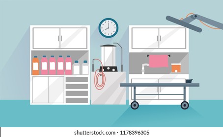 Illustration of an Embalming Station with Cabinets, Stretcher, Overhead Light and Other Funeral Supplies