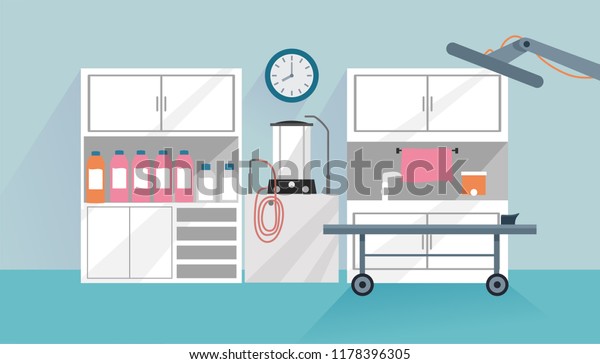Illustration of an Embalming\
Station with Cabinets, Stretcher, Overhead Light and Other Funeral\
Supplies