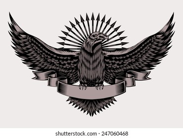 Illustration of emblem with eagle and arrows. Black and white style.