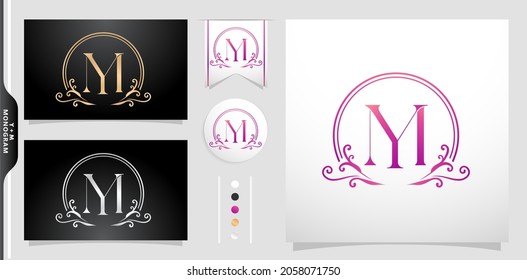 illustration of a emblem monogram, Set of label initial YM or MY letter, Circle gold frame border with ornament pattern. applicable for letterpress, embroidery, invitation wedding monogram, and sign