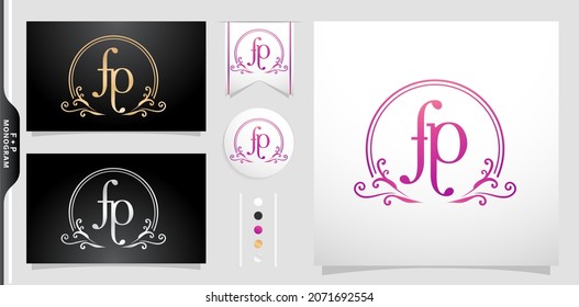 illustration of a emblem monogram, Set of label initial FP or PF letter, Circle gold frame border with ornament pattern. applicable for letterpress, embroidery, invitation wedding monogram, and sign