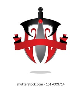 illustration of the emblem with a sword, face shield and ribbon to make a balanced mix and strong character,  logo symbol - vector