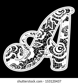 illustration of embroidery lace initial isolated on black, ideal for wedding invitation or decoration