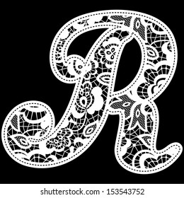 illustration of embroidery lace initial isolated on black, ideal for wedding invitation or decoration