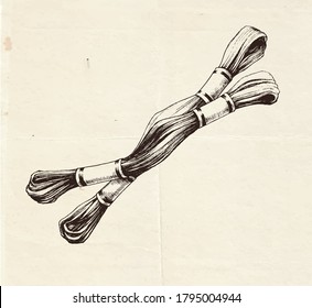Illustration of embroidery threads, drawing of sewing supply, vintage illustration