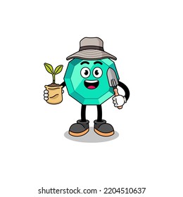Illustration of emerald gemstone cartoon holding a plant seed , character design