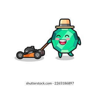 Illustration des smaragagagdsteinischen Charakters mit Rasenmäher , niedliches Design für T-Shirt, Aufkleber, Logo-Element