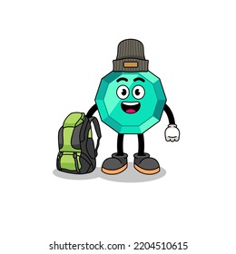 Illustration of emerald gemstone mascot as a hiker , character design