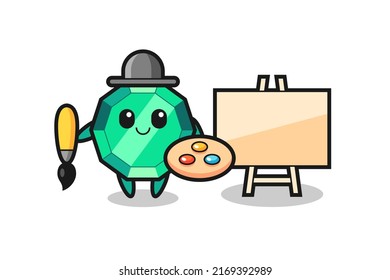 Ilustración de la mascota de piedra esmeralda como pintor, diseño de estilo lindo para camiseta, pegatina, elemento logo