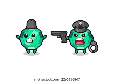 ilustración de un ladrón de piedra esmeralda con la pose de las manos arriba pillada por la policía, diseño de estilo lindo para camiseta, pegatina, elemento logo