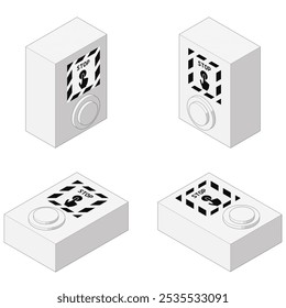 Illustration of an emergency stop button. The button warns of danger in case of trouble on a station platform. Monochrome, isometric material set.