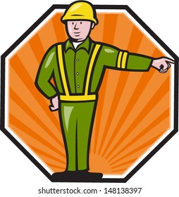 Illustration of an emergency worker wearing hardhat and high visibility vest pointing to side set inside octagon done in cartoon style.