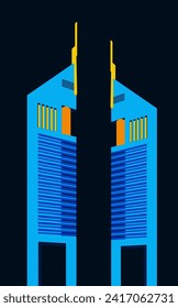 Illustration of Emirates towers with colors on a dark blue background, Vectorial Dubai landmark 