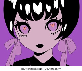 Illustration of an emo goth anime girl. Vector graphic design for t-shirt, poster or cover.