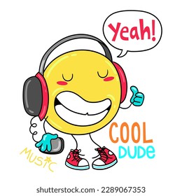  Illustration of an emoticon listening to music with headphones, design for t-shirt