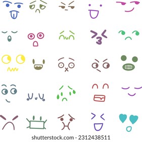 Illustration of emotion icons. Hand drawn funny faces. Sketched facial expressions set. Set of doodle faces. Smile doodle cartoon face in childlike Manga cartoon, happy kawaii style. Vector.