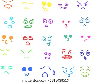 Illustration of emotion icons. Hand drawn funny faces. Sketched facial expressions set. Set of doodle faces. Smile doodle cartoon face in childlike Manga cartoon, happy kawaii style. Vector.