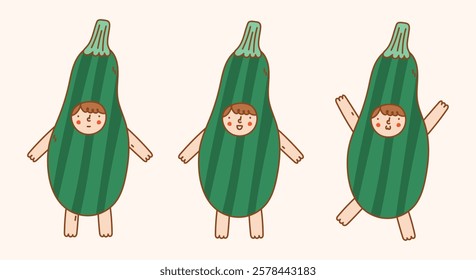 Illustration of a emotional kawaii man in a zucchini costume. Cute courgette. Element for print, postcard and poster. Vector illustration