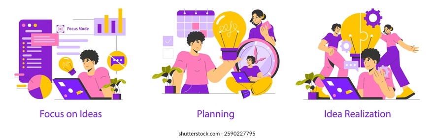 Illustration emphasizing the journey from focusing on ideas to planning and realizing them. It captures the creative process with characters engaging in brainstorming, scheduling, and implementation