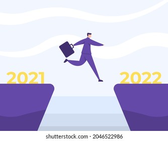 illustration of an employee or businessman jumping from a cliff to the other side. concept of change from 2021 to 2022. moving forward, goals, hopes, overcoming obstacles and problems. flat cartoon