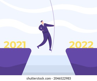 illustration of an employee or businessman swinging using a rope from a cliff to the other side. concept of change from 2021 to 2022. moving forward, goals, hopes, overcoming obstacles and problems