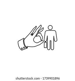Illustration of employee kicked out of company. Boss firing worker sign. Layoff symbol for modern business concept and web, mobile design.