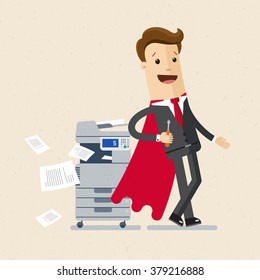 Illustration Of Employee, Office Master.  A  Man  In A Suit Of Super Hero Stand Near A Printer. Vector, EPS 10