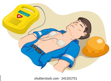 Illustration is an employee with portable defibrillator for resuscitation. Ideal for tutorials relief and medical manuals.