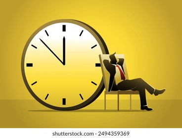 An illustration of employee sat relaxing behind large clocks and time continued to tick by. Productivity or procrastination problem