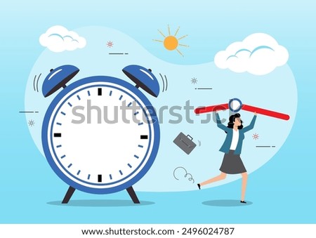 An illustration of employee stealing time clock and run away. Steal time, productivity or procrastination problem, work efficiency concept